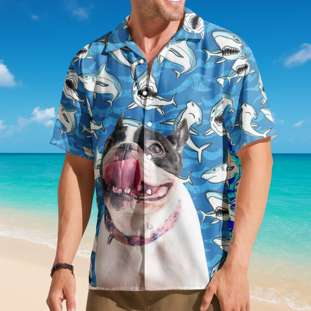 Customize Big Funny Photo With Sharks Pattern - Custom Photo Hawaiian Shirts