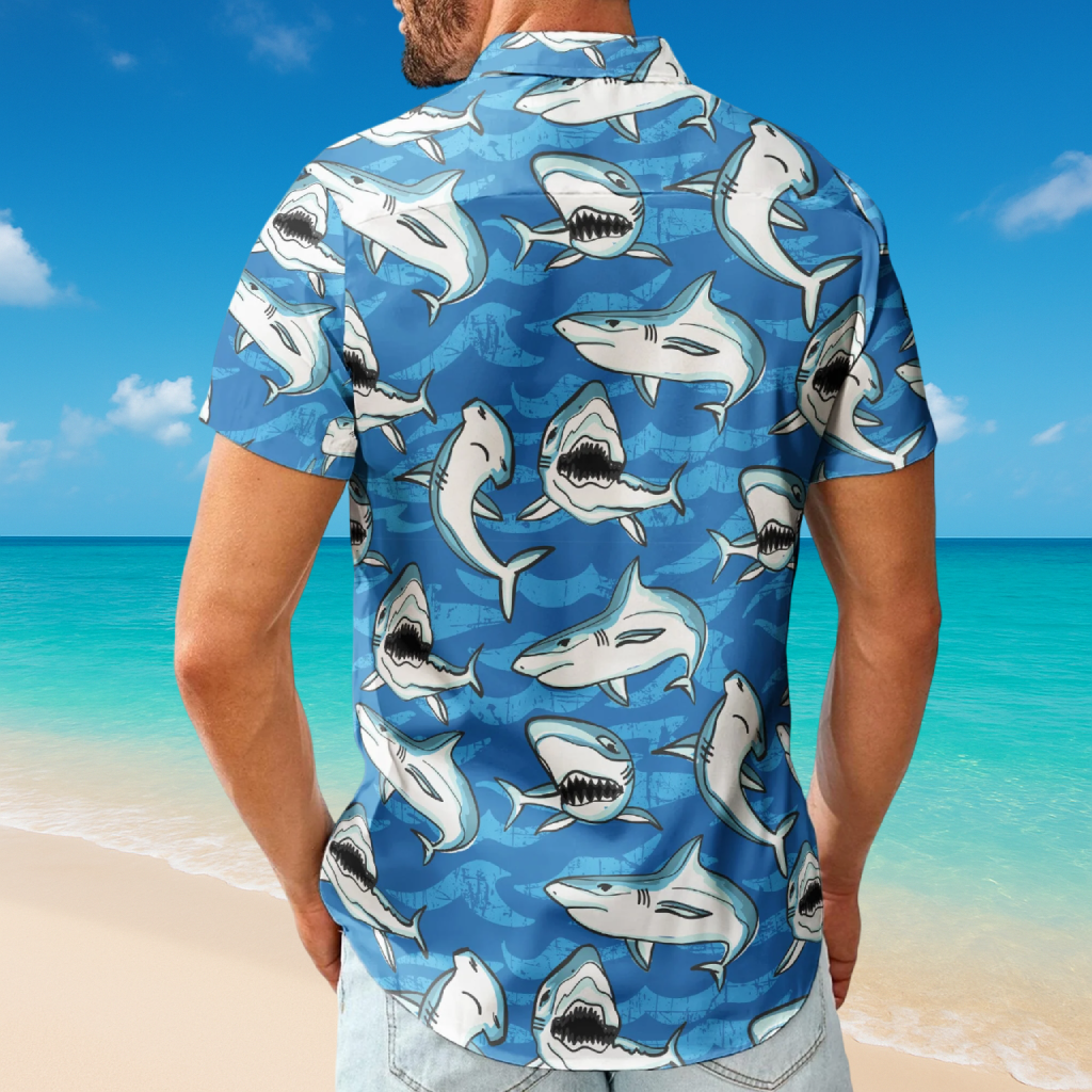 Customize Big Funny Photo With Sharks Pattern - Custom Photo Hawaiian Shirts