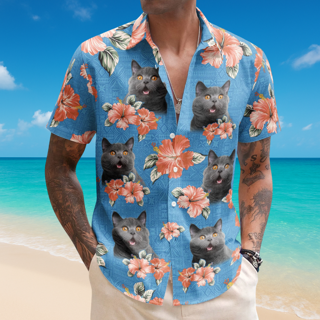 Cat Custom Photo Tropical Hibiscus Aloha - Hawaiian Shirts