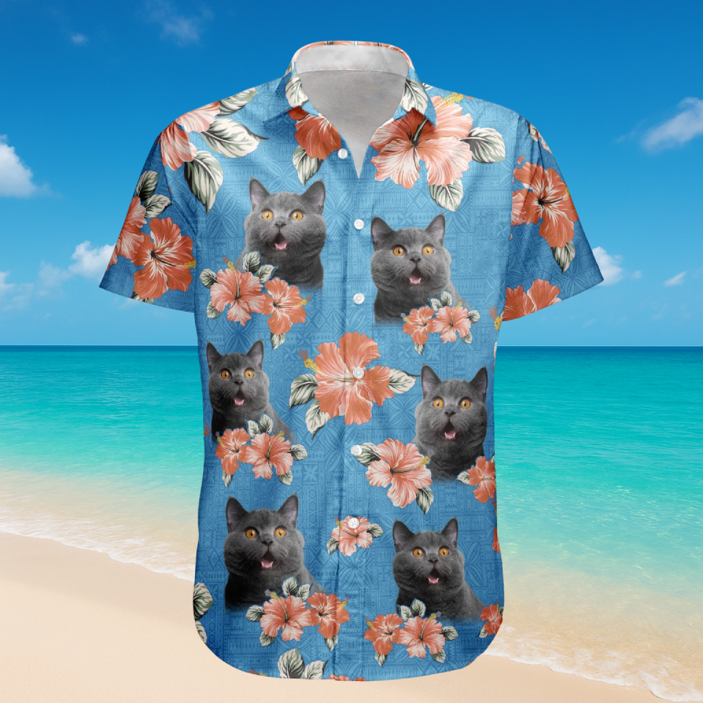 Cat Custom Photo Tropical Hibiscus Aloha - Hawaiian Shirts