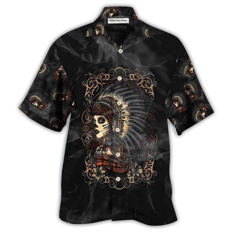 Hawaiian Shirt / Adults / S Native Girl Skull Style Dark - Hawaiian Shirt - Reefox