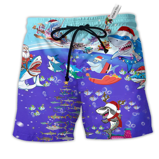 Beach Short / Adults / S Christmas Santa Shark Sits On Rockets And Brings Gifts To Ocean - Beach Short Reefox - Owls Matrix LTD