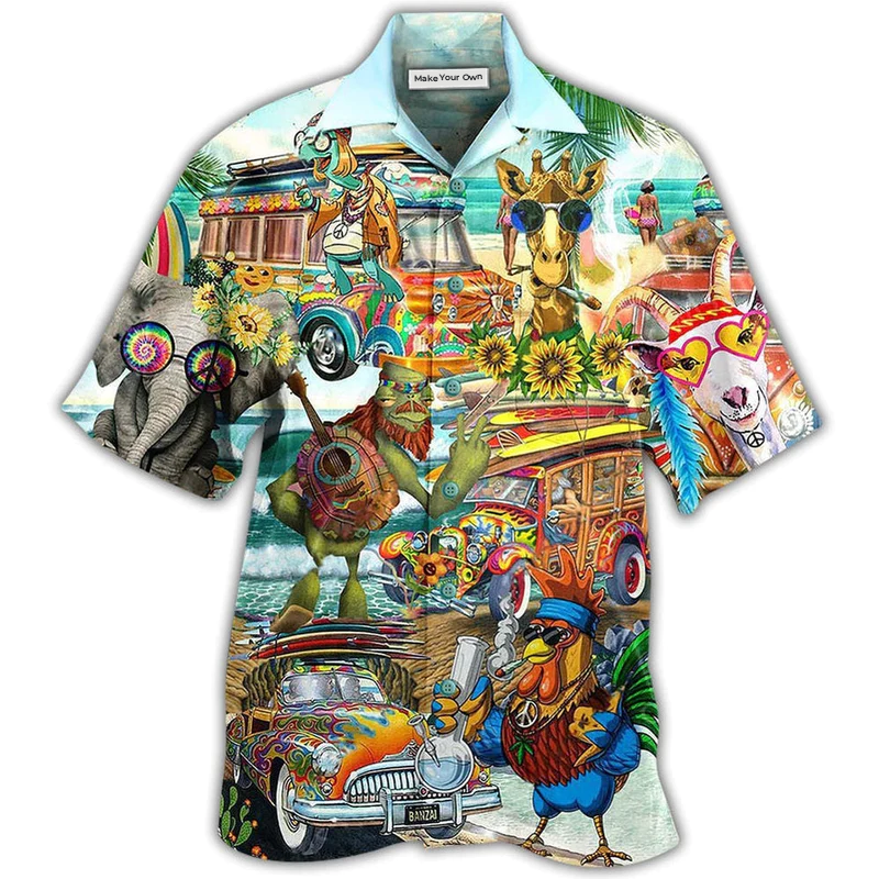 Hawaiian Shirt / Adults / S Hippie Funny Animals Happy Together Love Beach - Hawaiian Shirt - Reefox