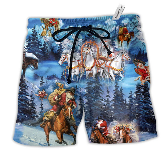 Beach Short / Adults / S Horse And Santa Love Christmas Cold Weather - Beach Short Reefox - Owls Matrix LTD