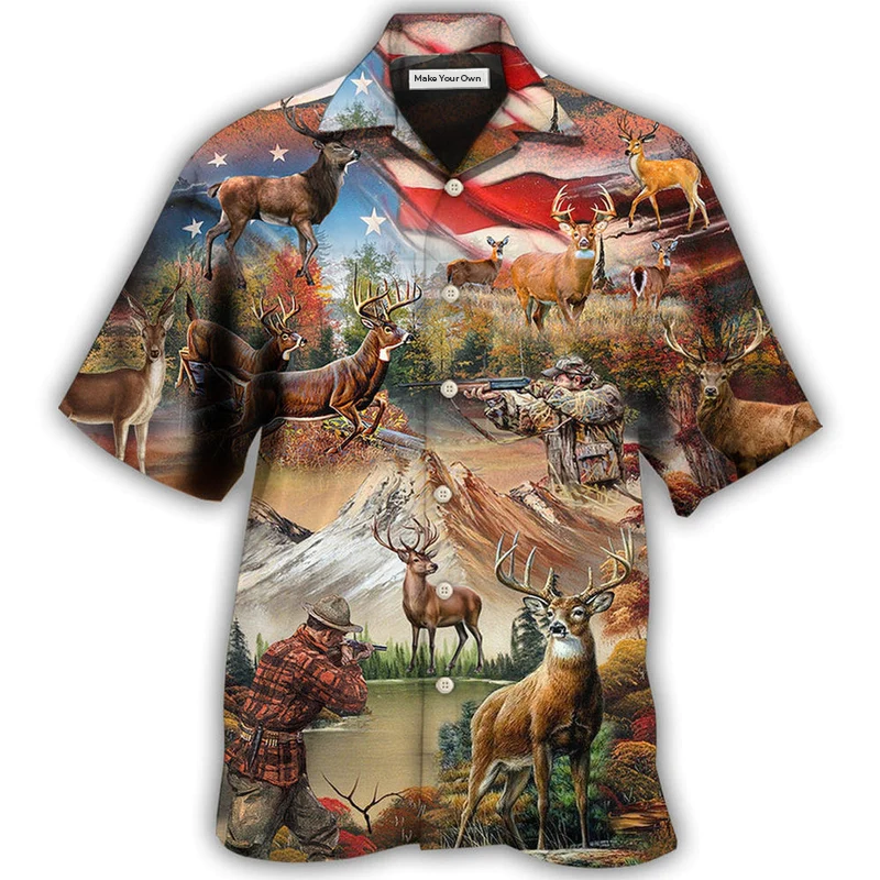 Hawaiian Shirt / Adults / S Hunting Independence Day Deer American Flag - Hawaiian Shirt - Reefox