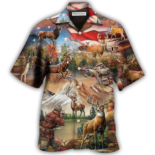 Hawaiian Shirt / Adults / S Hunting Independence Day Deer American Flag - Hawaiian Shirt - Reefox