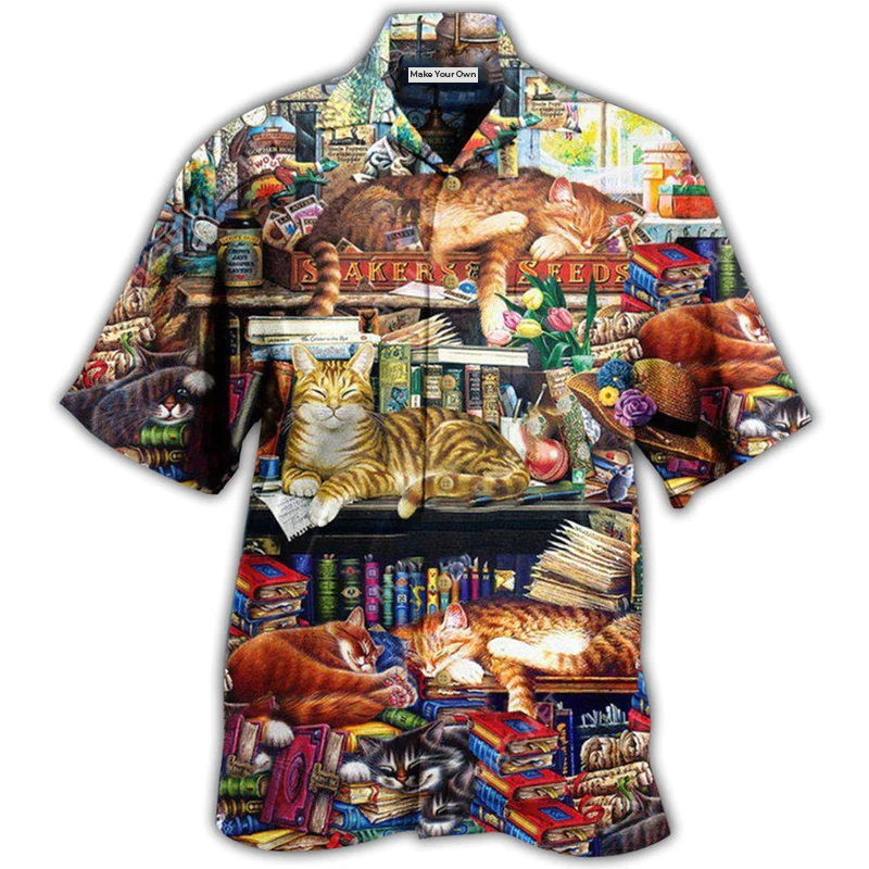 Hawaiian Shirt / Adults / S Book Happiness Is A Good Book And A Lovely Cat Sleeping - Hawaiian Shirt - Reefox