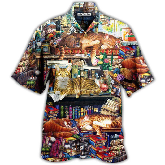 Hawaiian Shirt / Adults / S Book Happiness Is A Good Book And A Lovely Cat Sleeping - Hawaiian Shirt - Reefox