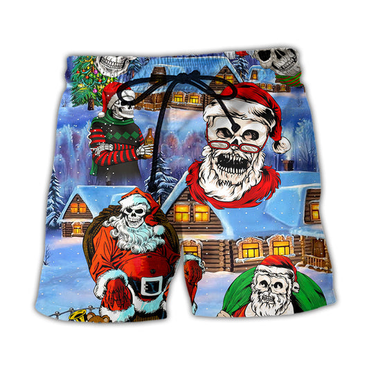 Beach Short / Adults / S Christmas Skull Santa In The Town Love Xmas - Beach Short Reefox - Owls Matrix LTD