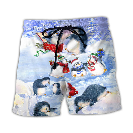 Christmas Penguin Family In Love Christmas Art Style - Beach Short Reefox - Owls Matrix LTD