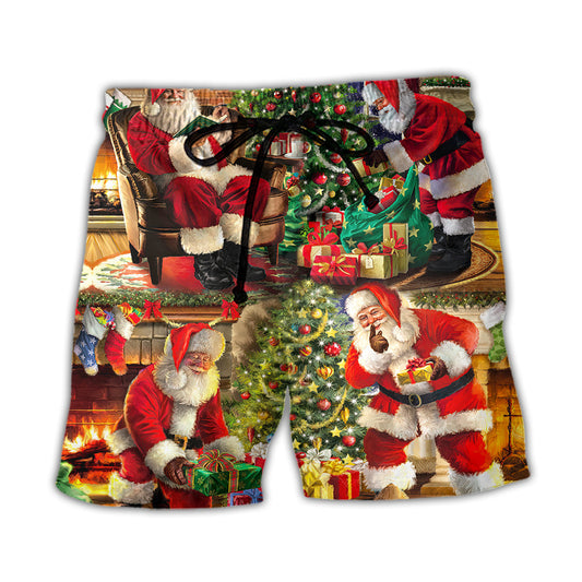 Beach Short / Adults / S Christmas Santa Claus Story Gift For Xmas Painting Style - Beach Short Reefox - Owls Matrix LTD