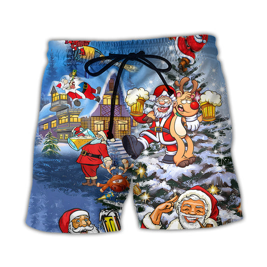 Beach Short / Adults / S Christmas Funny Santa Claus Drinking Beer Troll Xmas - Beach Short Reefox - Owls Matrix LTD