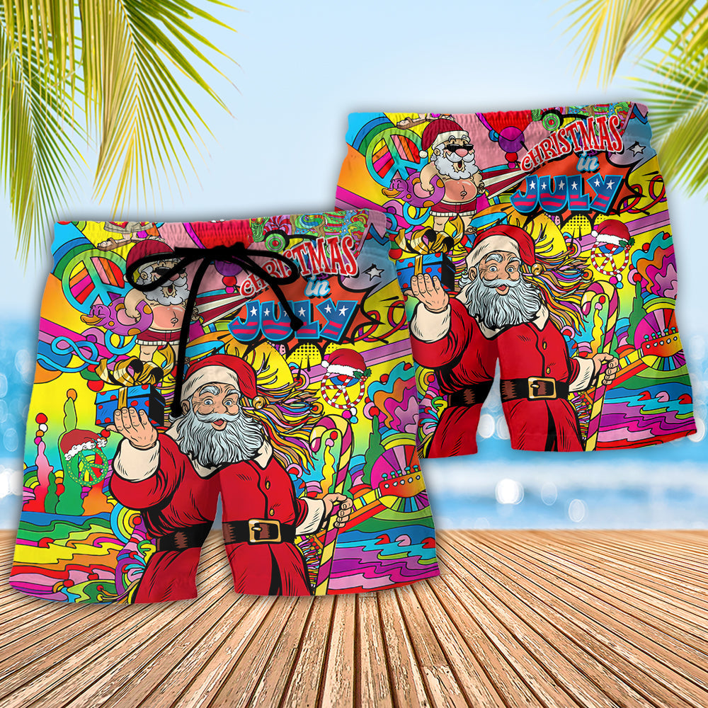 Christmas In July Santa Hippie Sending Gift In Summer - Beach Short Reefox