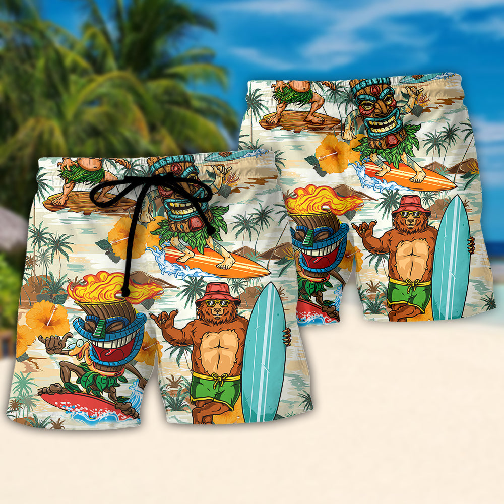 Surfing Funny Bear And Tiki Ride The Wave Follow The Sun Lovers Surfing - Beach Short Reefox
