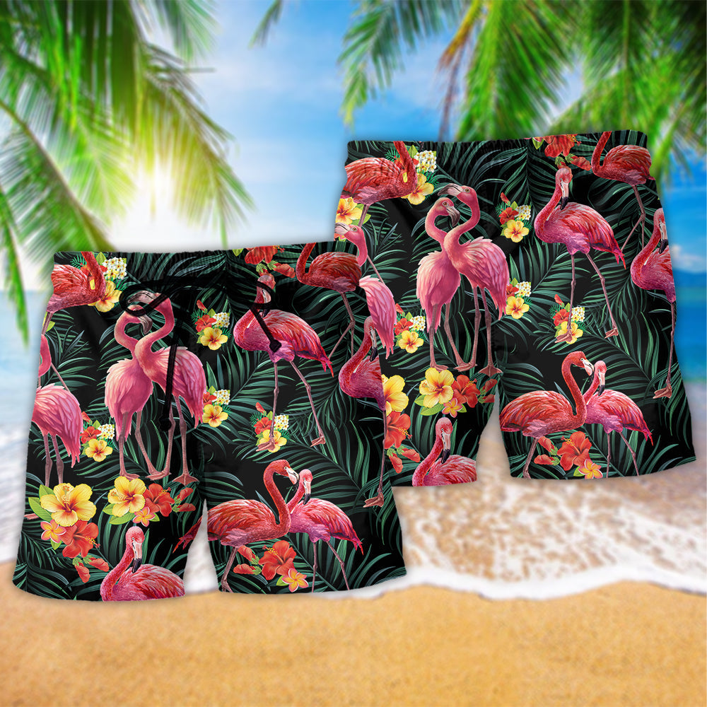 Flamingo Couple Love Flowers - Beach Short Reefox - Owls Matrix LTD
