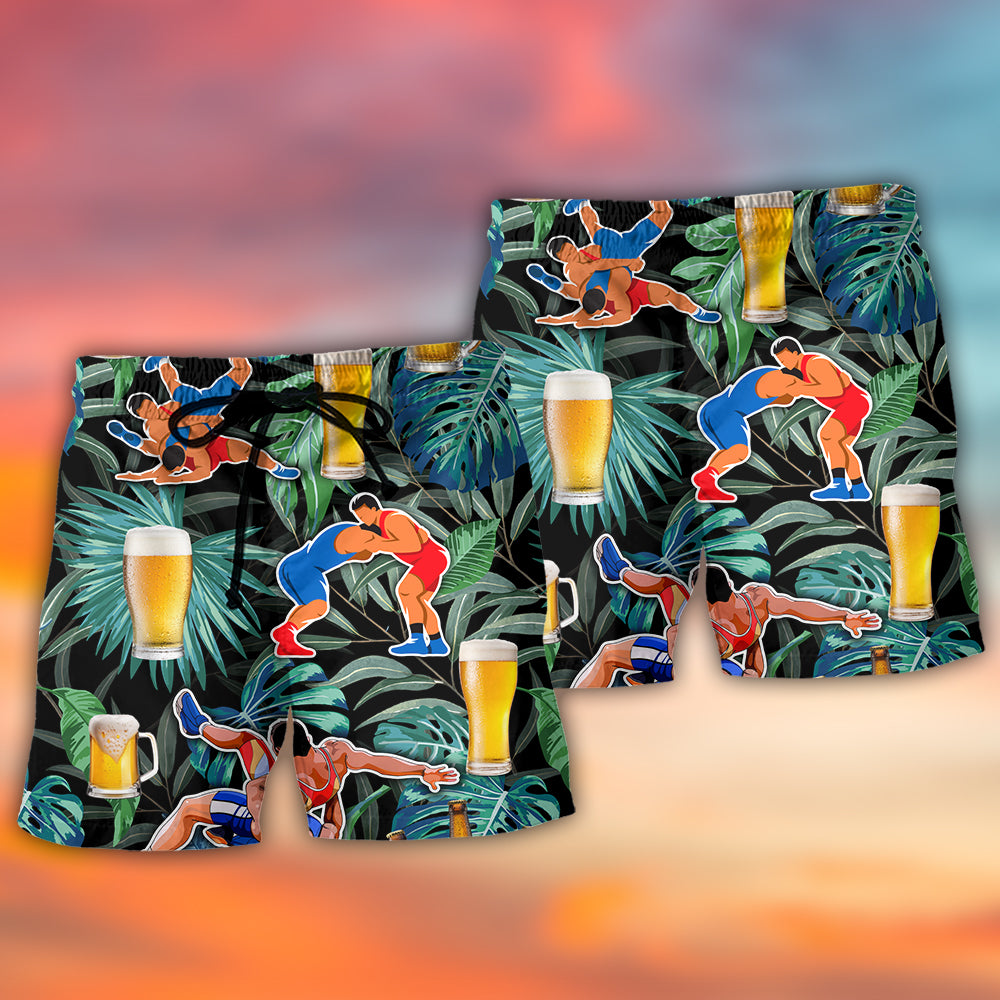 Beer And Wrestling Tropical Pattern - Beach Short Reefox - Owls Matrix LTD