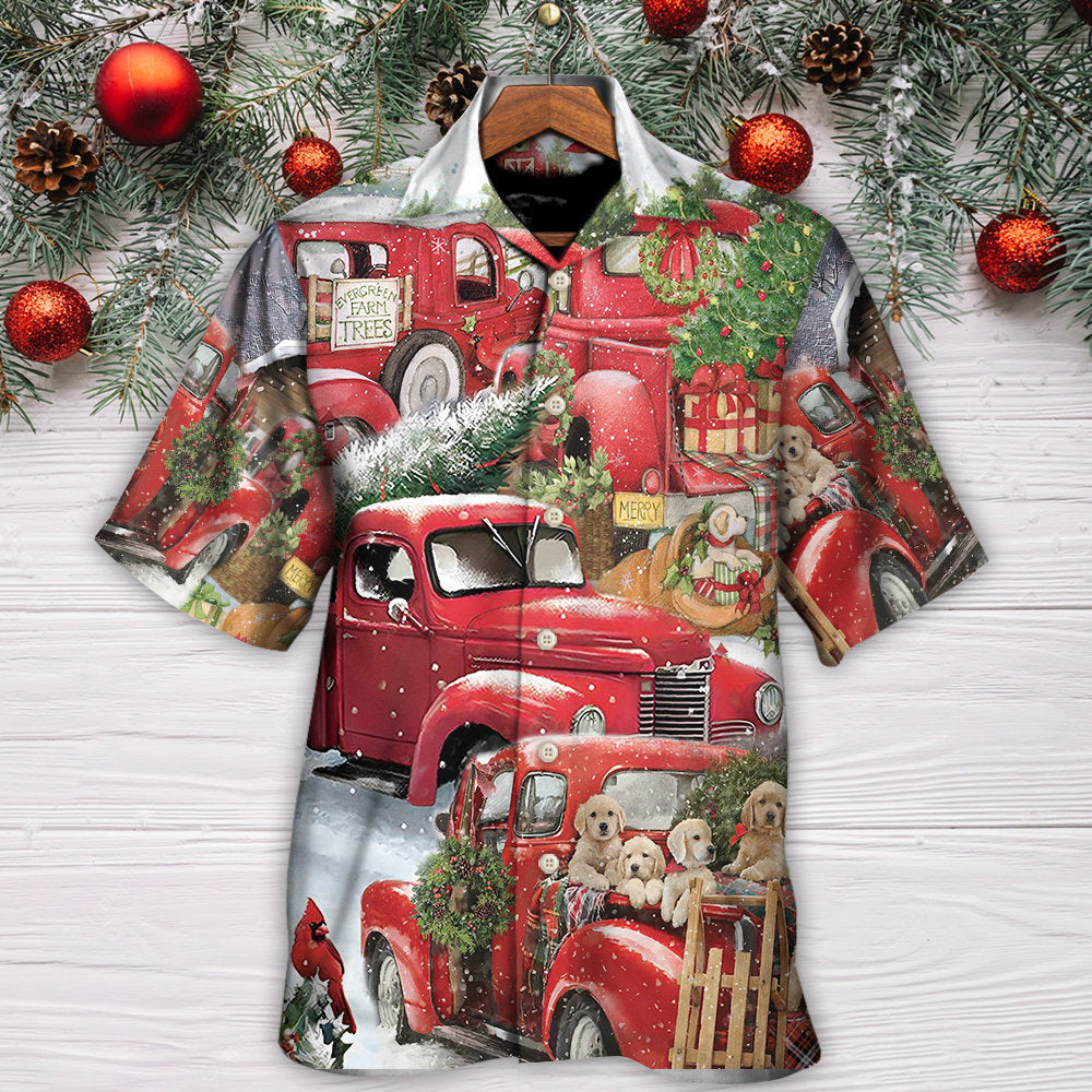 Christmas Red Truck With Xmas Tree And Little Puppy - Hawaiian Shirt - Reefox