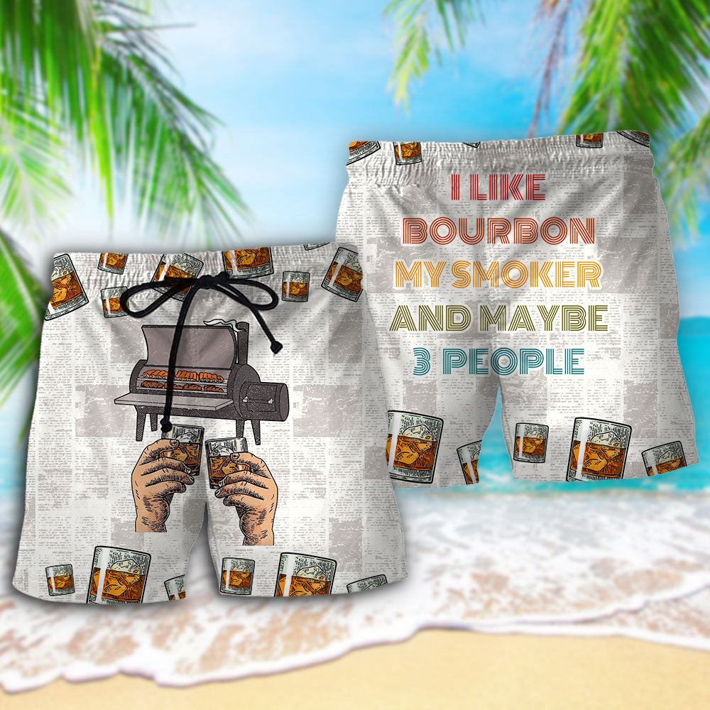 Wine Bourbon I Like Bourbon My Smoker And Maybe 3 People - Beach Short Reefox - Owls Matrix LTD