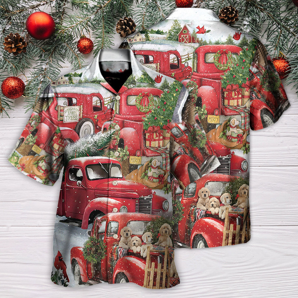 Christmas Red Truck With Xmas Tree And Little Puppy - Hawaiian Shirt - Reefox
