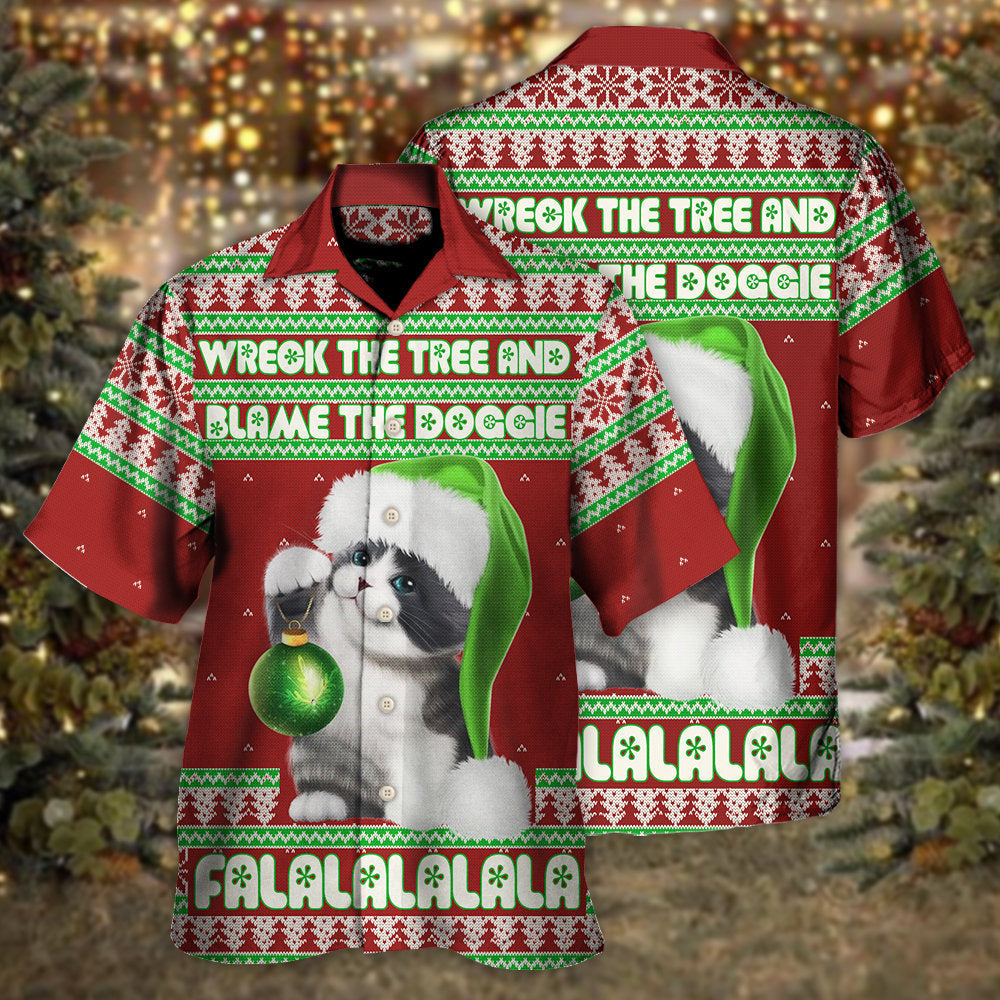 Cat Wreck The Tree Red Style Christmas - Hawaiian Shirt - Reefox