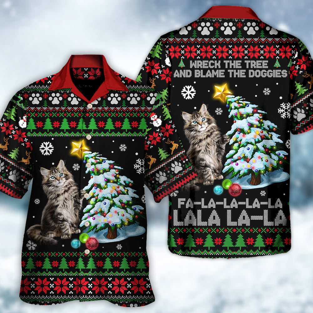 Cat Wreck The Tree Light Funny Ugly Style Christmas - Hawaiian Shirt - Reefox