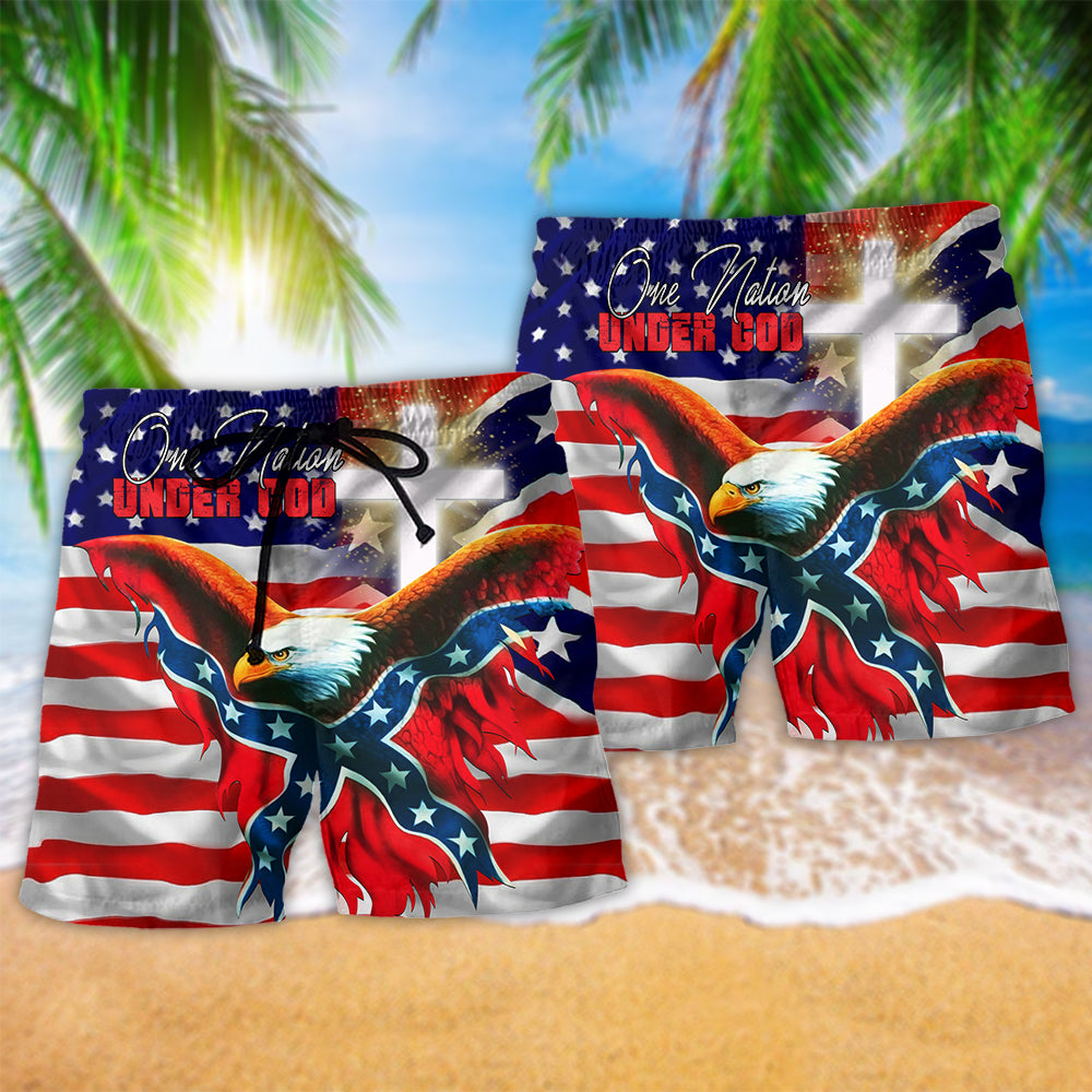 America One Nation Under God Patriotism With Flag - Beach Short Reefox - Owls Matrix LTD