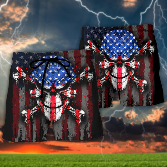 Skull This Is America We Eat Meat We Drink Beer We Own Guns We Speak English We Love Freedom If You Don't Like It GTFO! - Beach Short Reefox
