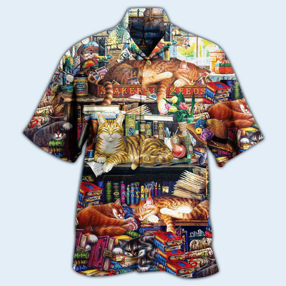 Book Happiness Is A Good Book And A Lovely Cat Sleeping - Hawaiian Shirt - Reefox
