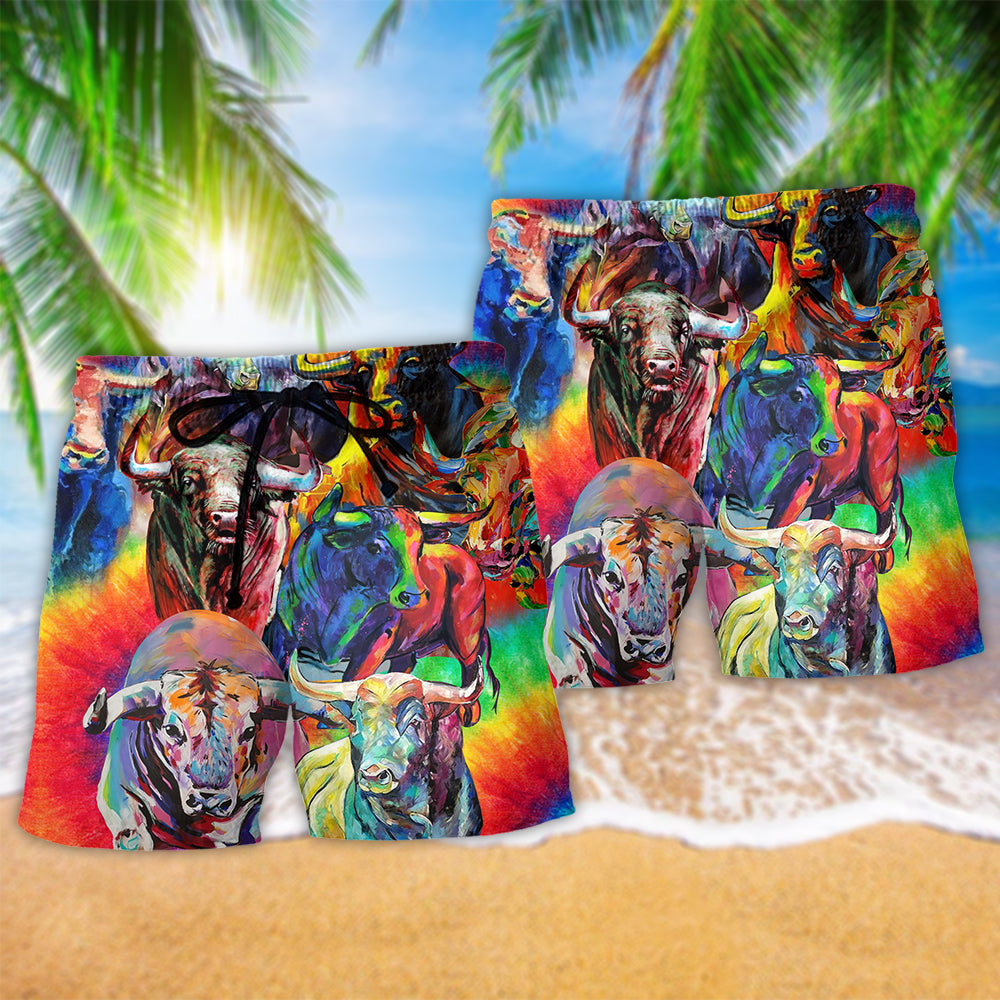 Bull Animals Colorful Bulls - Beach Short Reefox - Owls Matrix LTD