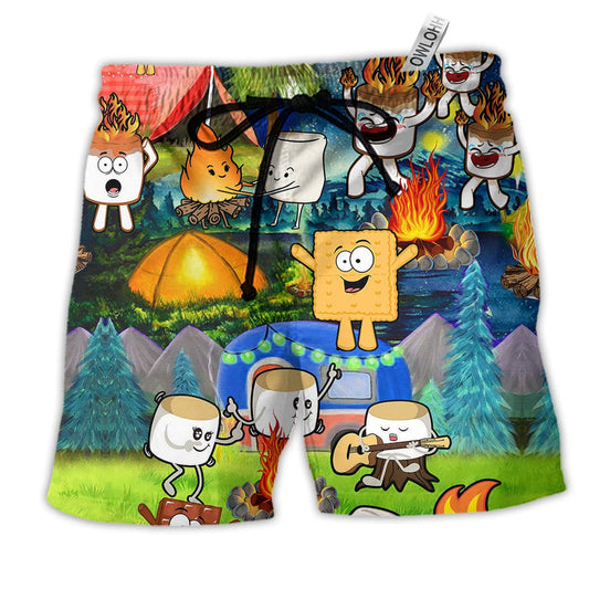 Beach Short / Adults / S Camping Chocolate Marshmallow Fire Funny - Beach Short Reefox - Owls Matrix LTD