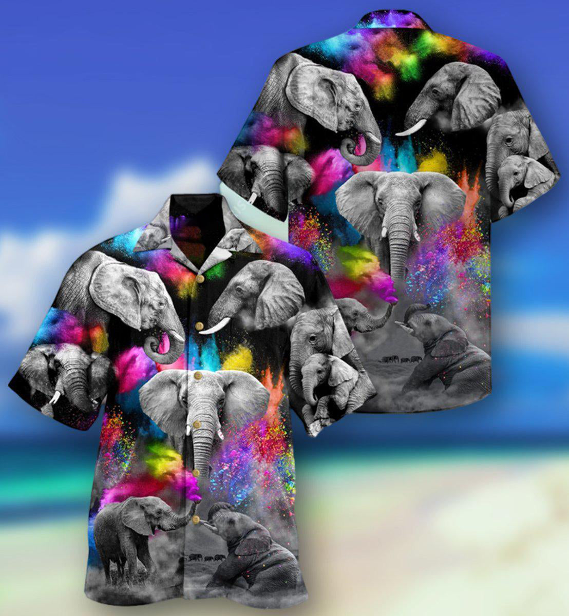 Elephant Grey Elepant with Colorful And Black Style - Hawaiian Shirt - Reefox