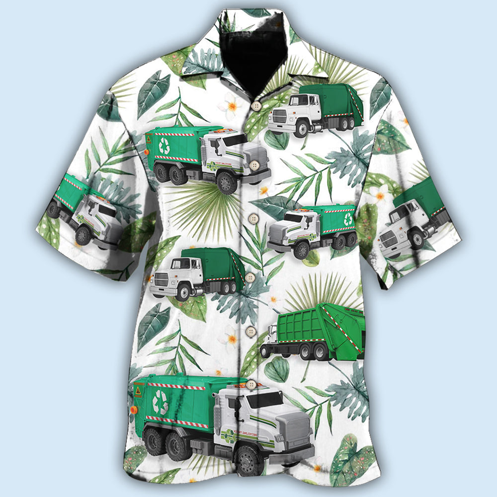 Truck Garbage Truck Tropical Green Leaf - Hawaiian Shirt - Reefox