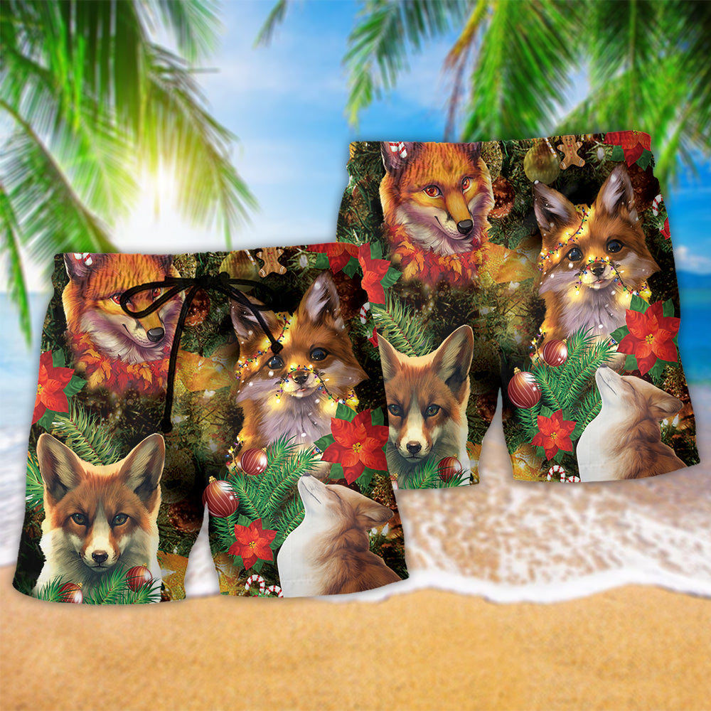 Merry Christmas Foxmas With Flower - Beach Short Reefox - Owls Matrix LTD