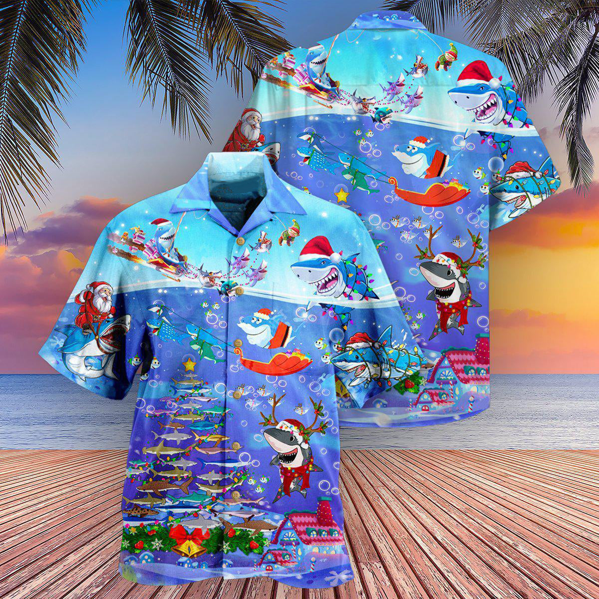 Shark Christmas Santa Shark Sits On Rockets And Brings Gifts To Ocean - Hawaiian Shirt - Reefox